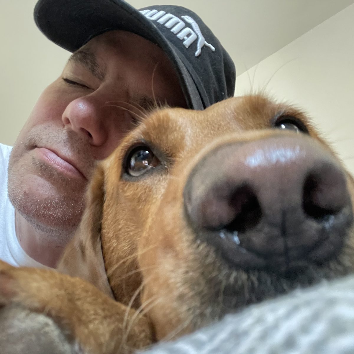 Luna enjoying a cuddle with one of us